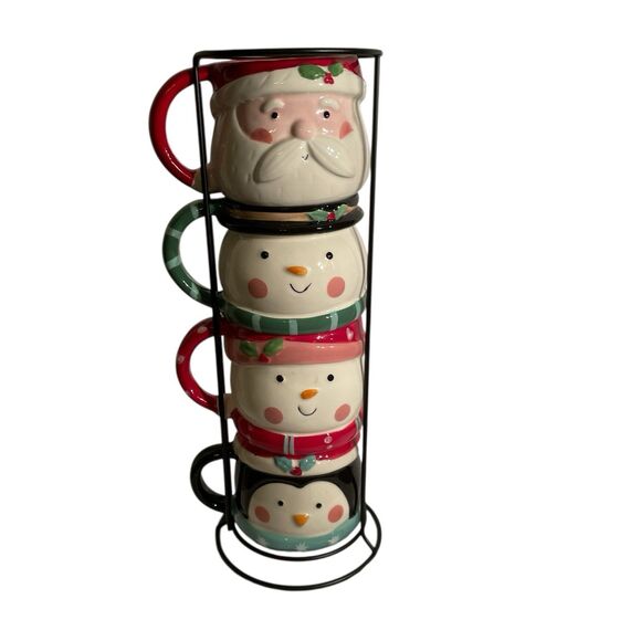 Holiday, Christmas Mugs 4 With Stackable Stand. Penguin, Santa, 2 Snowman - Picture 1 of 13